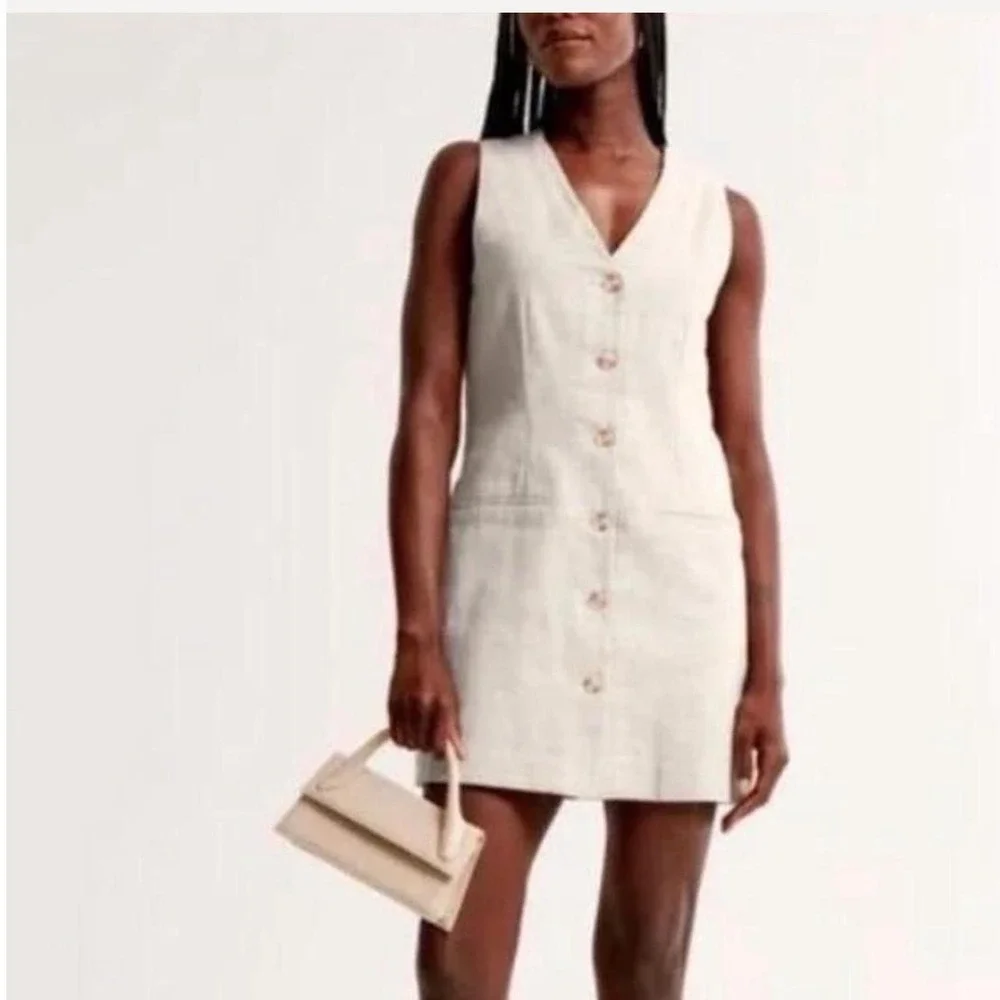 Abercrombie Linen Blend Mara Vest Mini Dress V Neck Button Front White Large